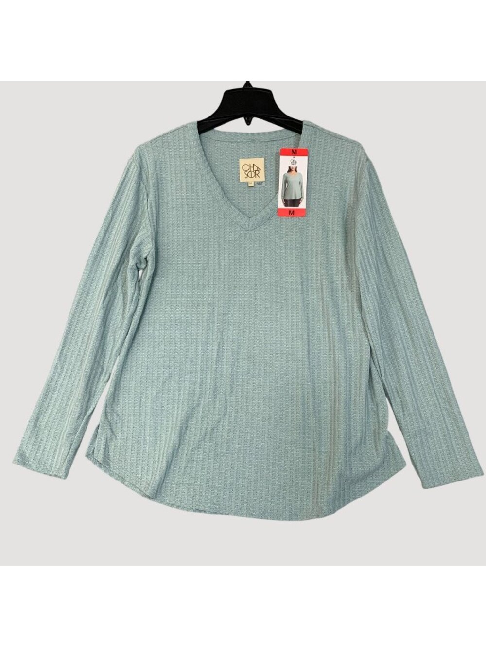 NWT Chaser Women's M V-Neck Waffle Knit Long Sleeve Knit Top Light Teal